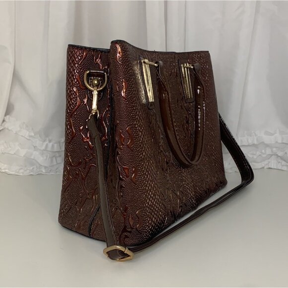 Python Print Embossed Patent Brown Shoulder Bag with Crossbody Strap & Wallet - Picture 3 of 11